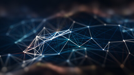 Futuristic digital network connection grid on dark background – abstract data communication and...