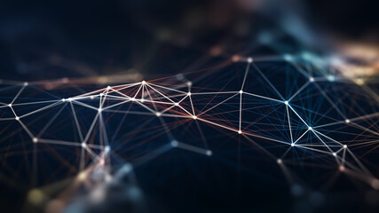 Futuristic digital network connection grid on dark background – abstract data communication and...