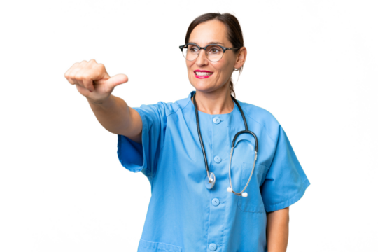 Middle-aged nurse woman over isolated background giving a thumbs up gesture - Powered by Adobe