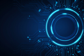 A futuristic AI tech banner features a glowing circuit board on a blue background with a central button, ideal as a digital vector design for web posters or modern presentations.