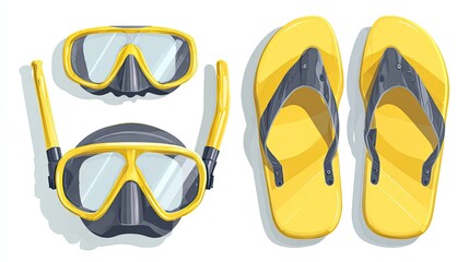 Yellow Flip Flops and Snorkeling Gear on White Background