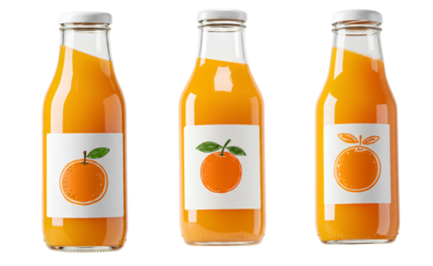 orange juice in glass bottle set PNG. Unbranded orange juice in glass bottle with hand drawn orange on label isolated. Organic and fresh orange juice full of vitamins for healthy diet PNG
