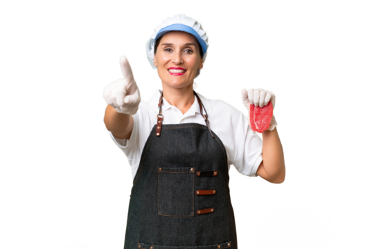 Butcher woman wearing an apron and serving fresh cut meat over isolated background showing and lifting a finger - Powered by Adobe