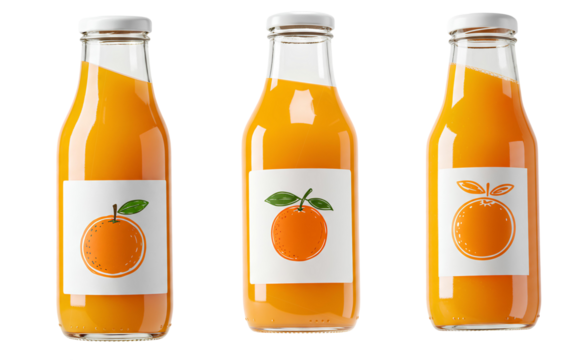 orange juice in glass bottle set PNG. Unbranded orange juice in glass bottle with hand drawn orange on label isolated. Organic and fresh orange juice full of vitamins for healthy diet PNG