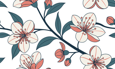 Seamless Sakura Blossom Vector Pattern with Elegant Branches.
