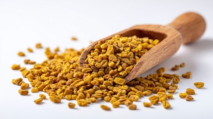 Yellow Fenugreek Seeds in Wooden Scoop on White Background
