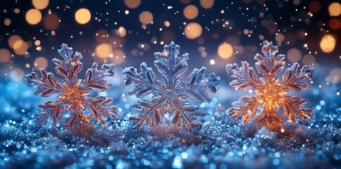 Fototapeta premium Crystal snowflakes with golden light and blue bokeh winter