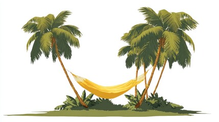 Yellow Hammock Between Two Palm Trees on a Tropical Island