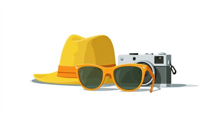 Yellow Hat Orange Sunglasses and Vintage Camera on White Background