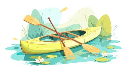 Yellow Kayak on a Calm Lake Surrounded by Lush Greenery