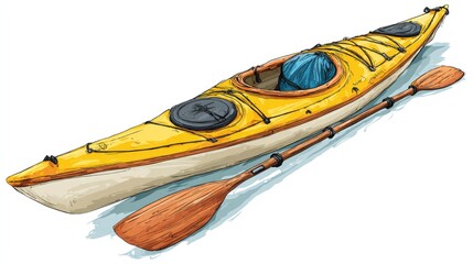 Yellow Kayak with Wooden Paddle Illustration