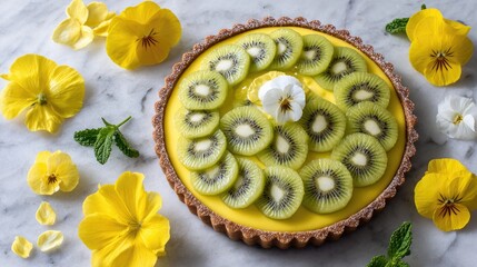 Yellow Lemon Kiwi Tart with Pansies on Marble Background