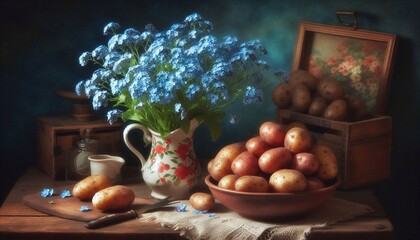 Vintage Still Life with Blue Flowers and Fresh Potatoes in Rustic Kitchen