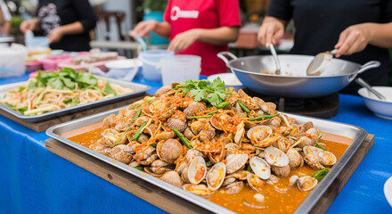 A tray of stir-fried surf clams with chili Paste