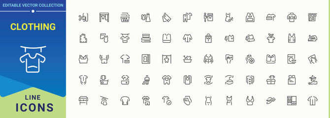 Clothing vector line icon set. Wear icon set. Minimalist editable vector stroke. Contains such symbols as apparel, clothes, wear, textile, dress, dress and more. Editable stroke.