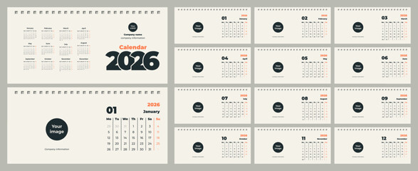 Desktop flip calendar for 2026. Template for branded souvenirs, copy space. Set of 12 pages and cover. Horizontal, 210x100mm, English.