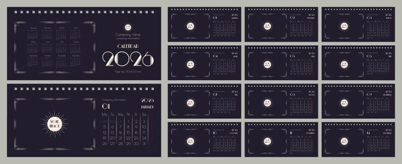 Desktop flip calendar for 2026 in art deco style. Template for branded souvenirs, copy space. Set of 12 pages and cover. Horizontal, 210x100mm, English.