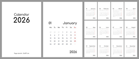 The calendar for 2026. The vertical calendar template with copy space. 12 pages and cover, A4, black and white, English.