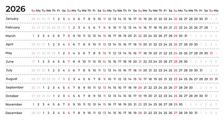 Linear calendar for 2026. Horizontal, week starts on Sunday, English, black and white.