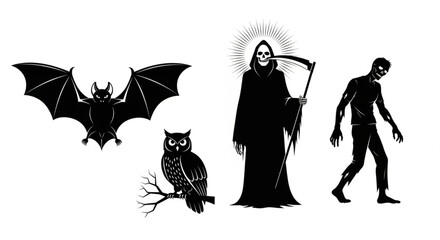 Obraz premium Flat Design Black Silhouette Halloween Icons Bat, Grim Reaper, Zombie, Owl on White Background