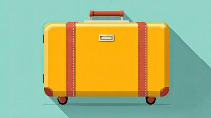 Yellow Retro Suitcase with Brown Straps and Wheels on Teal Background