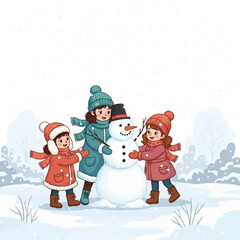 Naklejka premium Flat Illustration of Children Building a Snowman in Winter Yard with Falling Snow