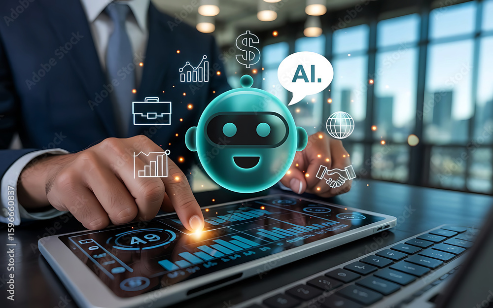 Poster businessman interacting with a futuristic ai chatbot on a digital tablet with data visualizations