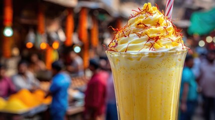 Yellow Saffron Drink with Whipped Cream in Vibrant Market Setting