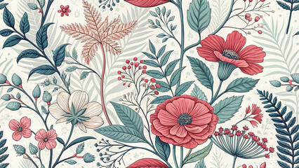 Seamless texture background,Lush vintage floral and botanical pattern, depicting vibrant life and pastoral charm.
