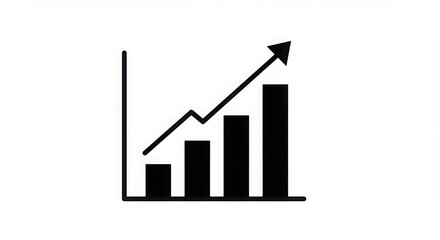 Black bar graph with upward trending arrow isolated on white background
