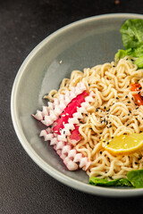 Noodle Bowl vegan fresh delicious gourmet food background on the table rustic food top view copy space keto and paleo diet vegan and vegetarian food