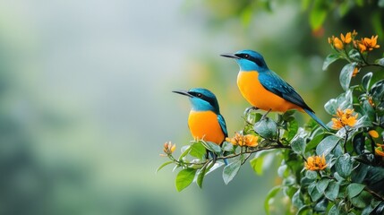 Fototapeta premium Two vibrant birds perched on a branch