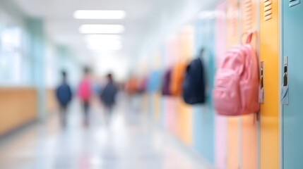 Naklejka premium School hallway with lockers and students walking