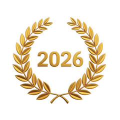 Golden 2026 laurel wreath illustration, award ceremony graphic, achievement symbol, celebration design element, isolated on transparent background
