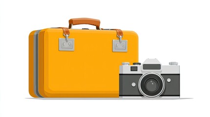 Yellow Suitcase and Vintage Camera on White Background