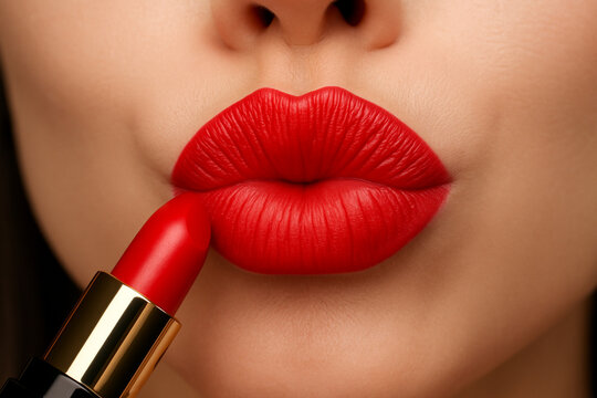 High-resolution horizontal close-up photograph showcasing a woman's pouting lips wearing vibrant red lipstick, with the matching lipstick in frame. The image emphasizes smooth skin texture, perfect li