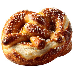 Golden brown pretzel close-up with visible salt crystals and braided shape, side-lit for crisp contrast, isolated on transparent background. --v 7.0 --s 250 --raw