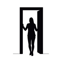 Silhouette of woman standing in doorway symbolizing new beginnings and concept of psychological support, psychotherapy, counseling, self-improvement  