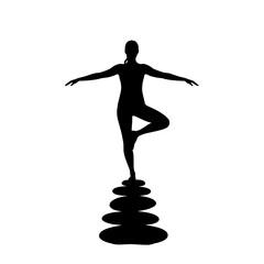 Silhouette of woman balancing on stacked stones showcasing mental equilibrium and concept of psychological support, therapy, counseling, self-improvement  