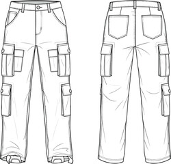 Cargo pants fashion flat sketch, front and back view, multi-pocket utility trousers, vector template, technical drawing, casual streetwear design