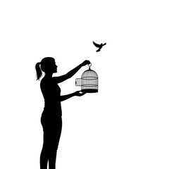Woman releasing bird from cage, concept of psychological support, therapy  