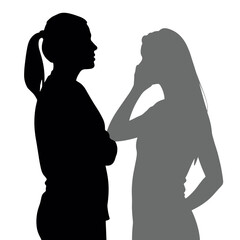 Silhouette of two women talking and whispering to self, self-compassion  