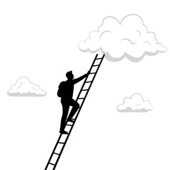 Silhouette of person climbing ladder into clouds, aspiration and hope  