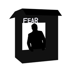 Silhouette of person trapped in box labeled fear, therapy symbolism  