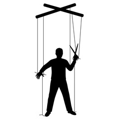 Silhouette of person cutting puppet strings, personal empowerment concept  