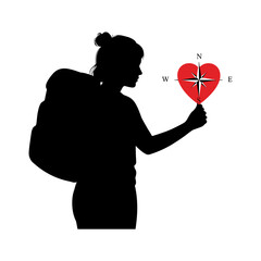 Silhouette of person holding compass in heart shape representing emotional guidance  