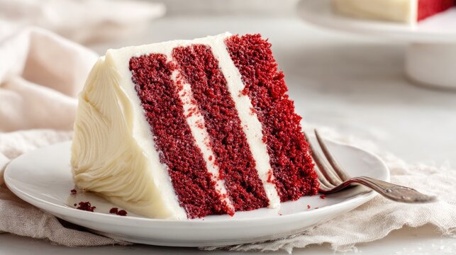 Closeup of Red Velvet Cake Slice with Cream Cheese Frosting - Powered by Adobe