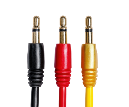 Colorful trio of audio jack plugs featuring red, yellow and black color coding on transparent background