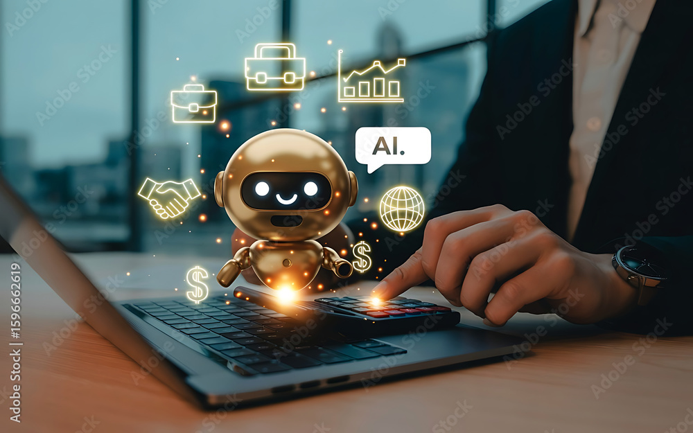 Poster golden robot assistant interacting with digital icons on a laptop screen representing ai and busines