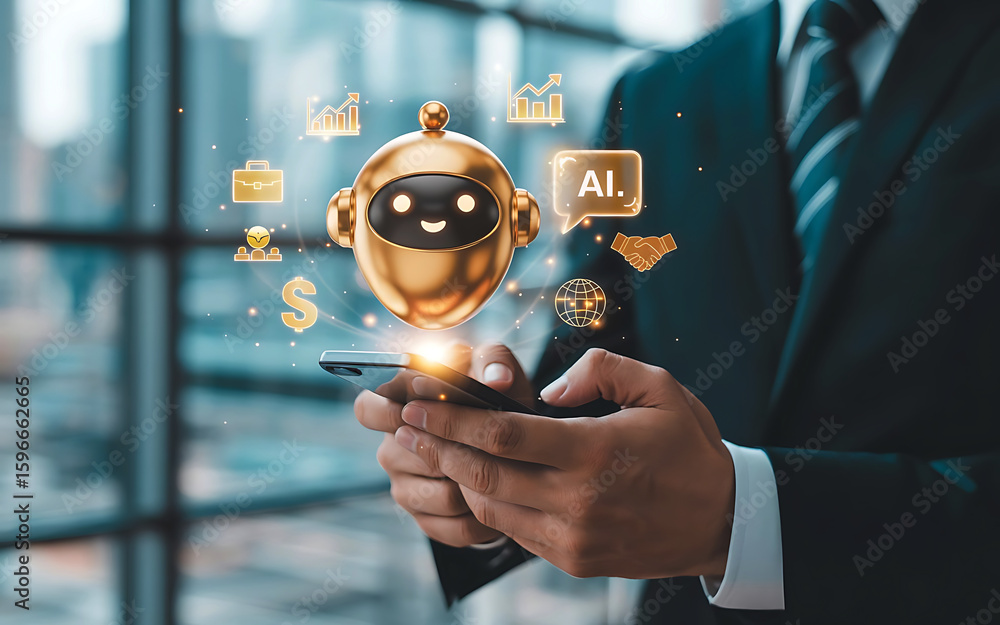 Poster businessman interacting with a golden robot chatbot on a smartphone with digital icons